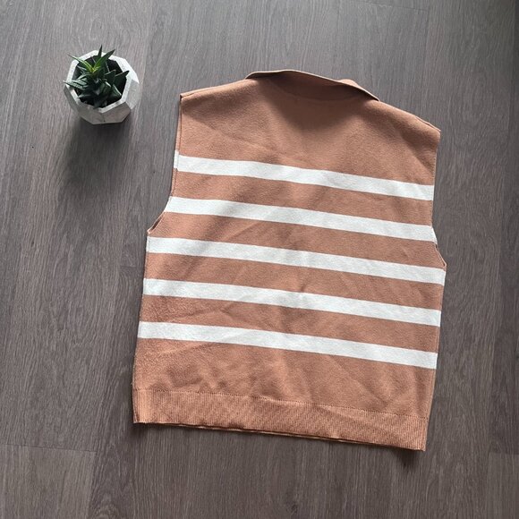 Maeve (Anthropologie) Beige & White Striped Sweater Vest with Open Collar - Picture 9 of 10